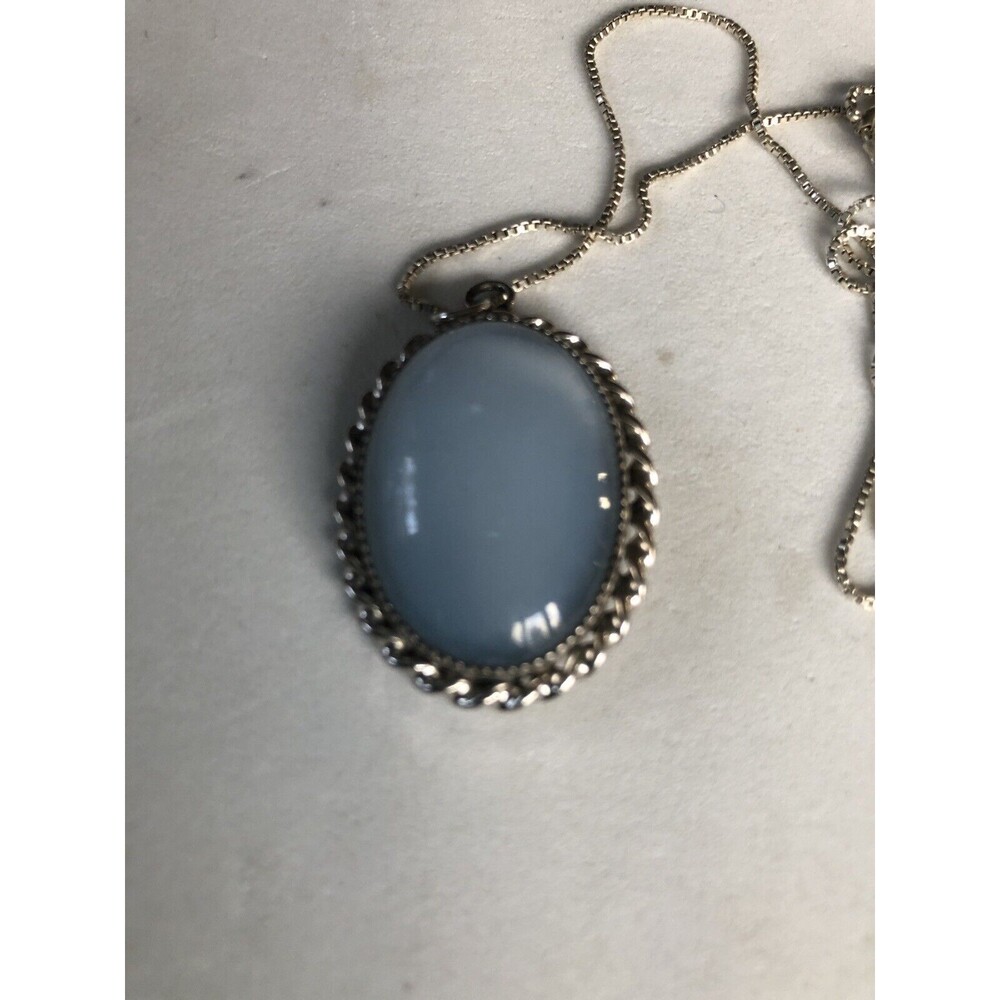 Vintage White 12 KGF Blue stone Pendant On A 16” Sterling Silver Box Chain